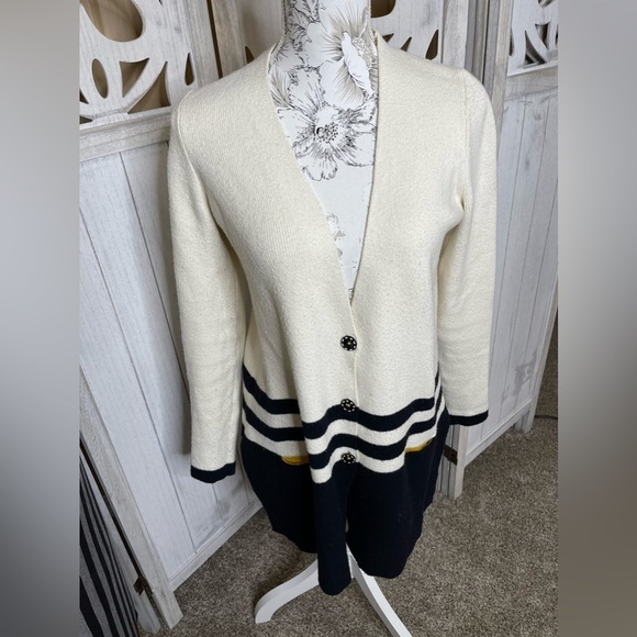Angel of the North Anthropologie Knit Cardigan Sweater Cream Black Stripe Small - Picture 1 of 5